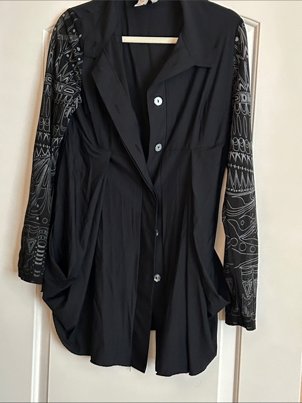 Joseph Ribkoff Black Button-Front Longline Top with Patterned Sleeves